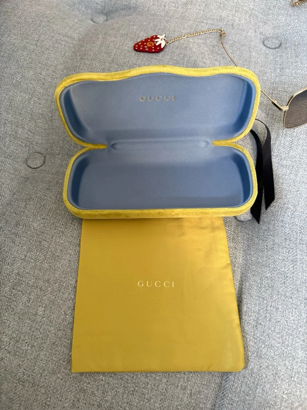 Gucci Oversized Square Gold Metal Sunglasses Strawberry Charms $625 GG1030SK